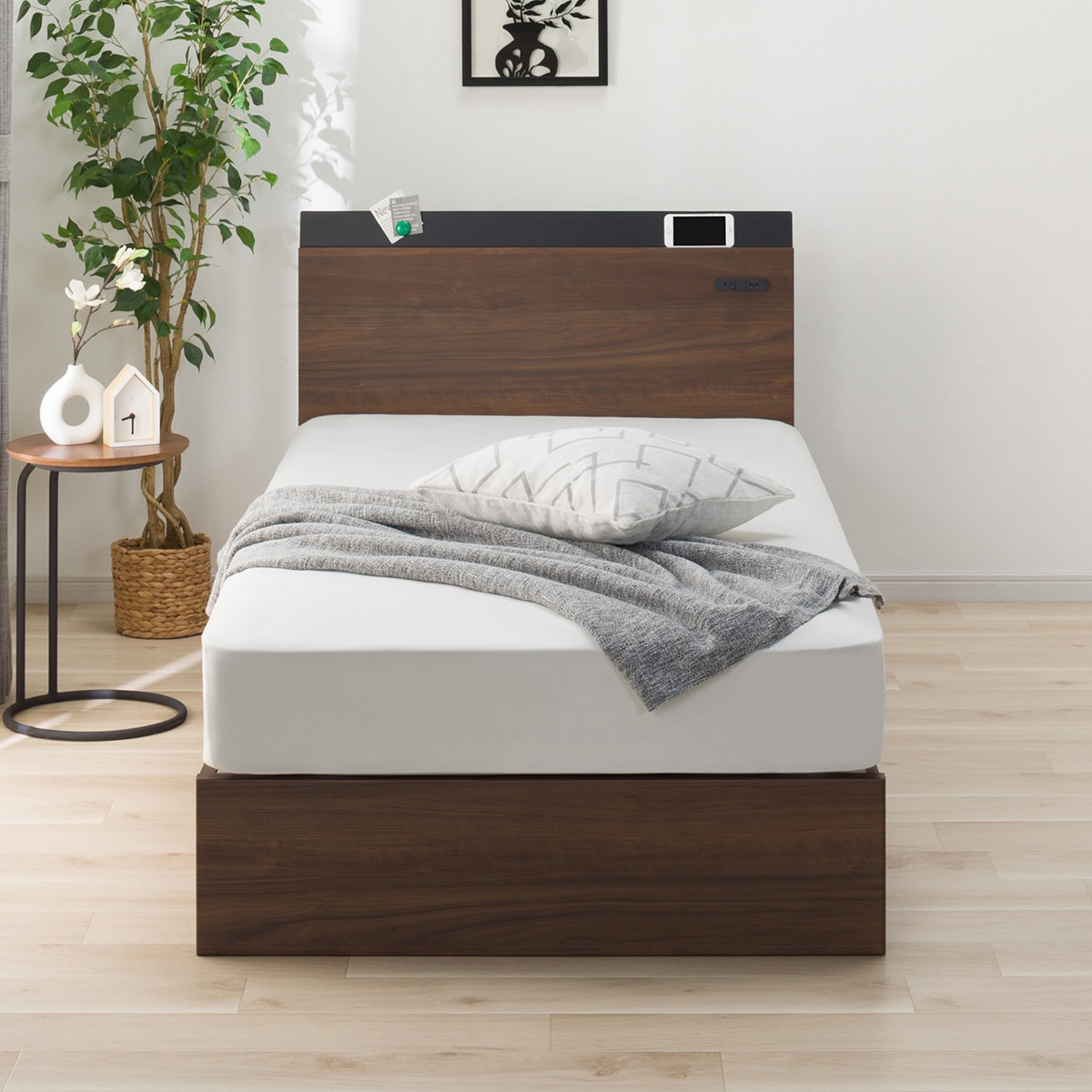 ベッドフレーム HF シングル棚・収納付きベッドフレーム(HF301 浅型 床板 WW