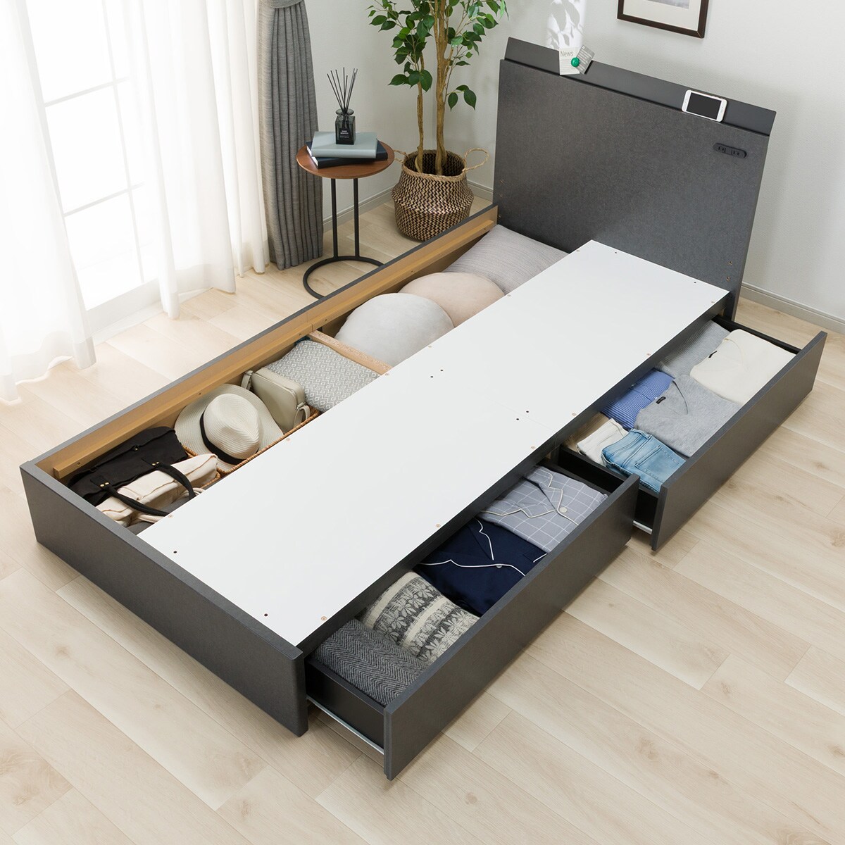 シングル棚・収納付きベッドフレーム(HF301 浅型 床板 GY) | ニトリ