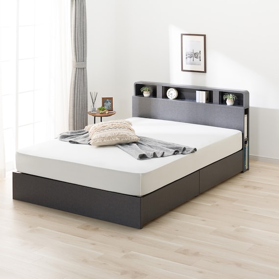 収納付きベッドフレーム ダブル 仕切り棚・サイド収納・照明付きタイプ (NS-006 DR25 引き出し付き 床板 GY) 6枚目画像