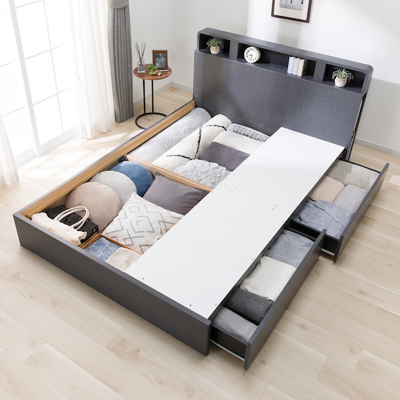 収納付きベッドフレーム ダブル 仕切り棚・サイド収納・照明付きタイプ (NS-006 DR25 引き出し付き 床板 GY) 7枚目画像