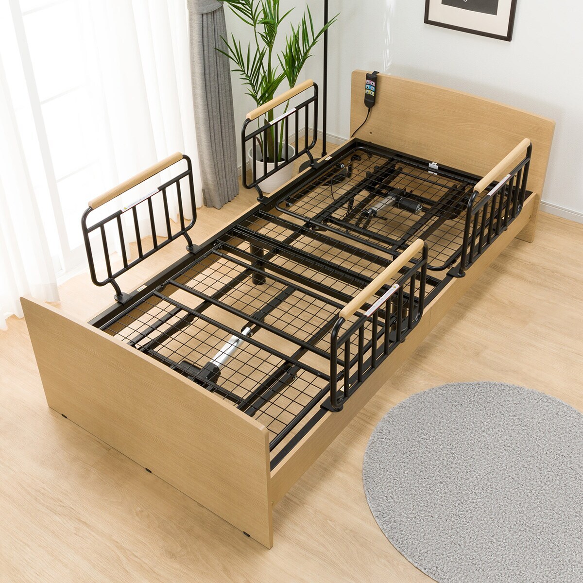 非課税】電動シングルベッドフレーム+マットレス+サイドガード4本