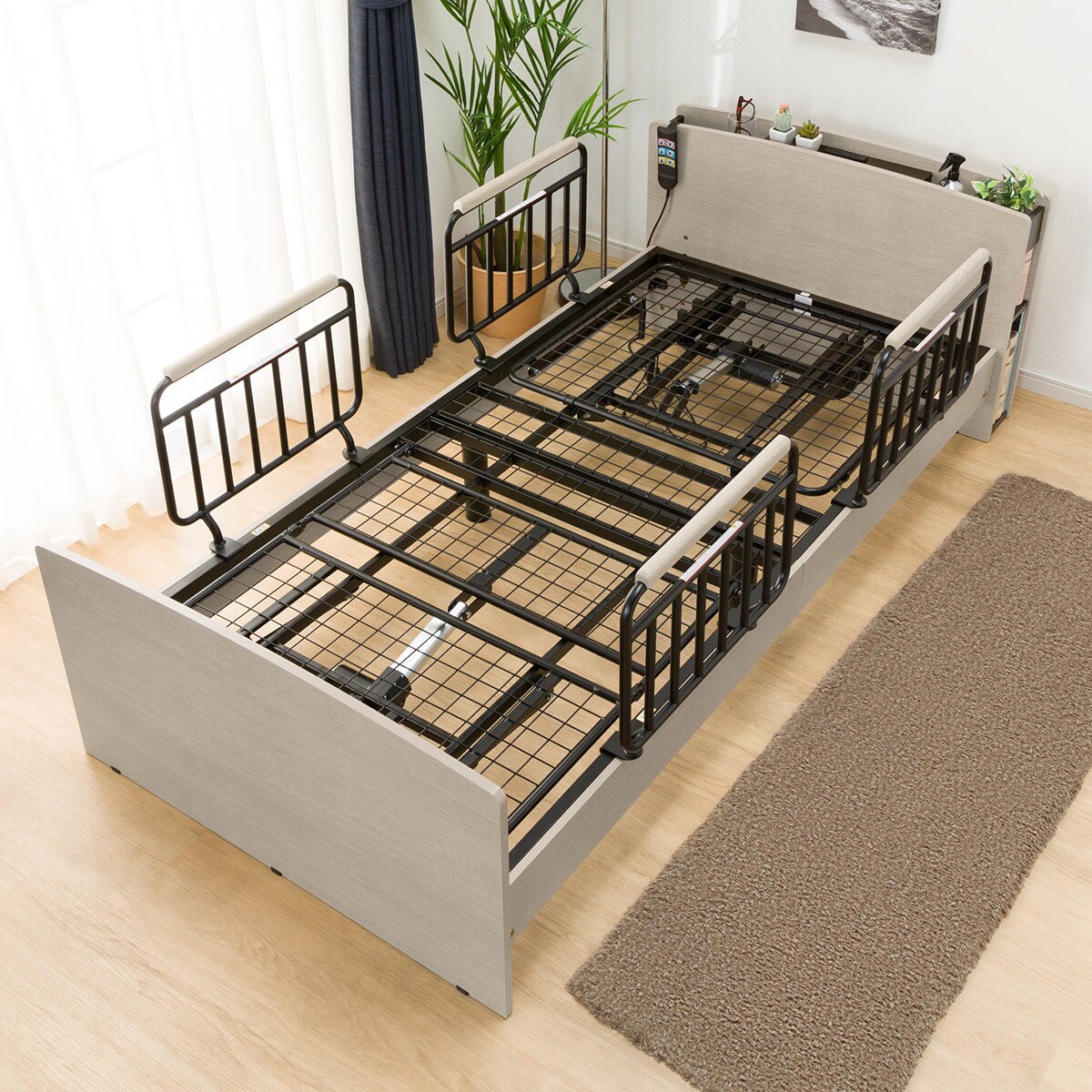 非課税】電動シングルベッドフレーム+マットレス+サイドガード4本