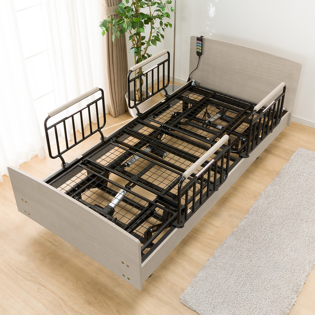 非課税】電動シングルベッドフレーム+マットレス+サイドガード4本