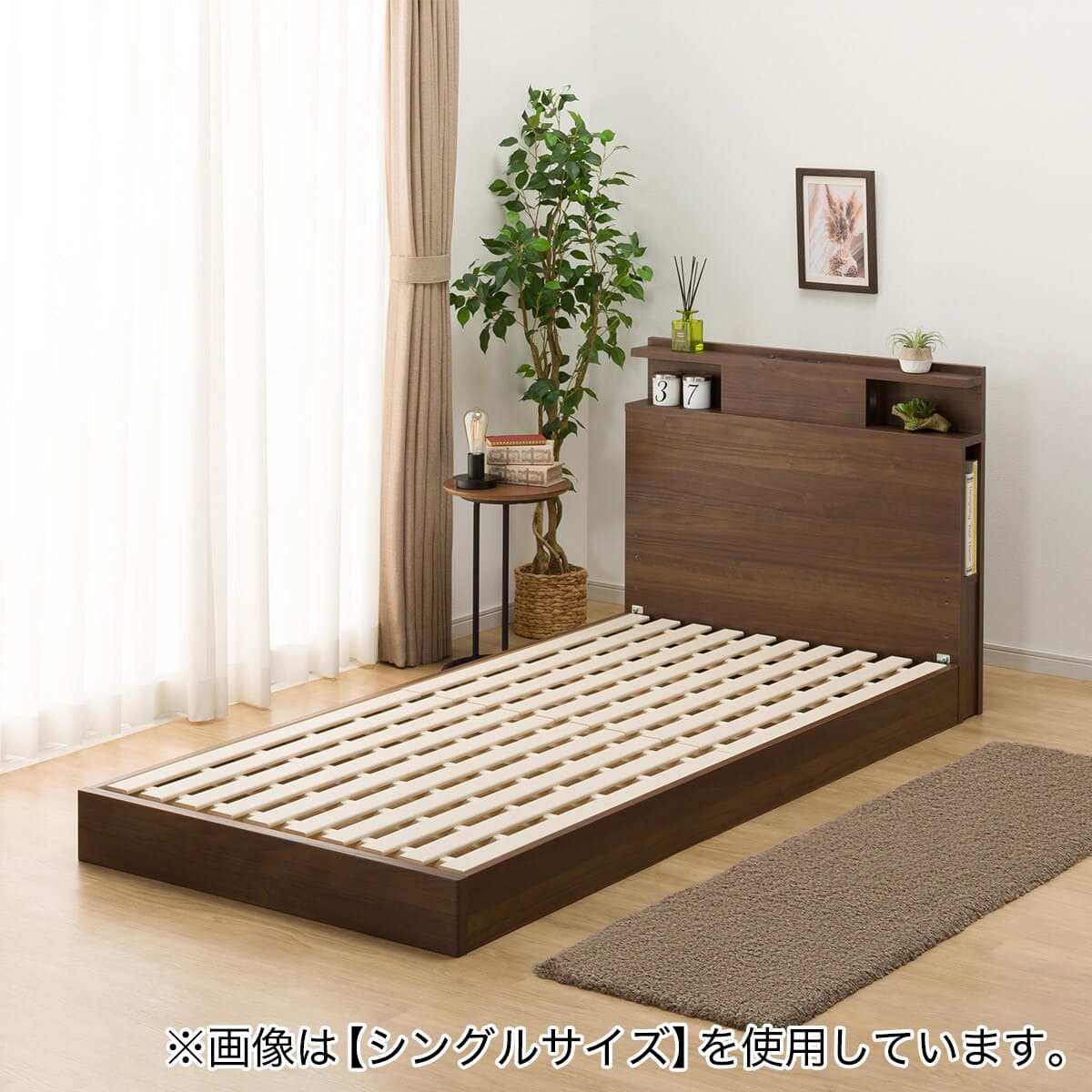 ダブル 棚・照明・サイド収納付きベッドフレーム(NS-004 LEG/LOW