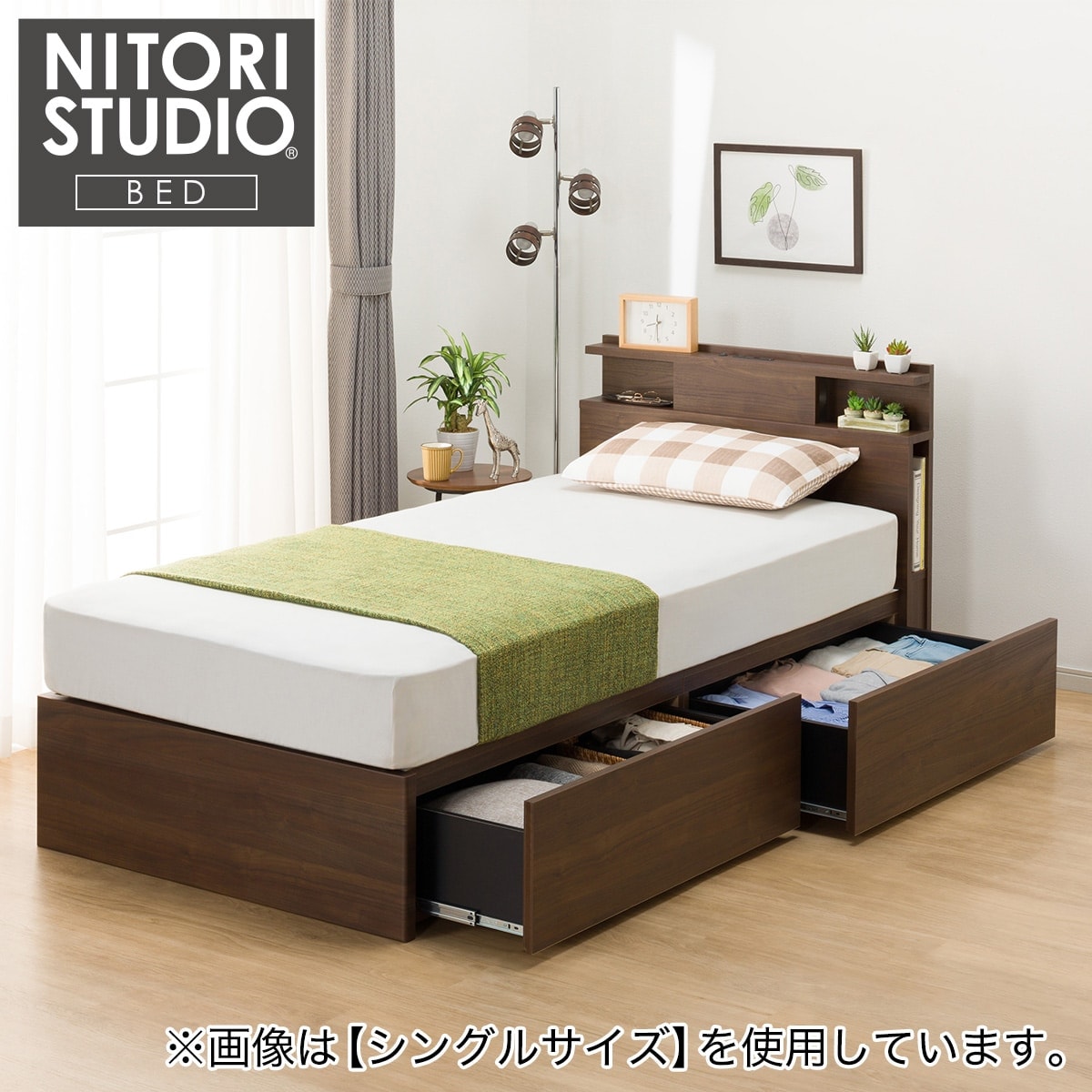 クイーン 棚・照明・サイド収納付きベッドフレーム(NS-004 深型/すのこ