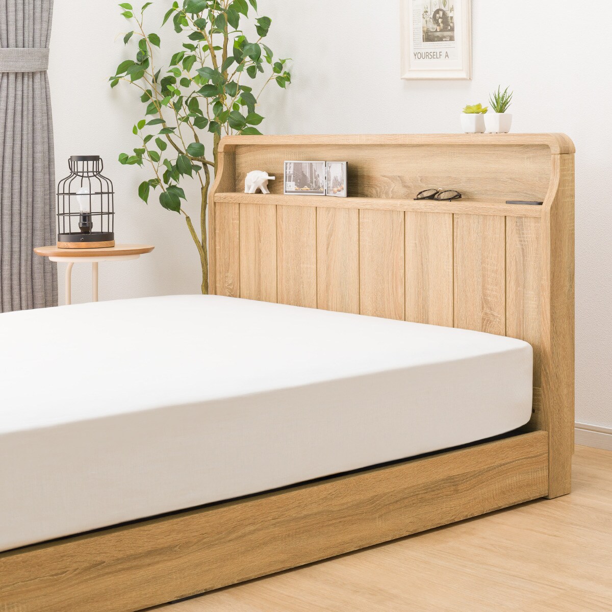 セミダブル アンティーク調 棚付きベッドフレーム(PEL Sキャビ NA