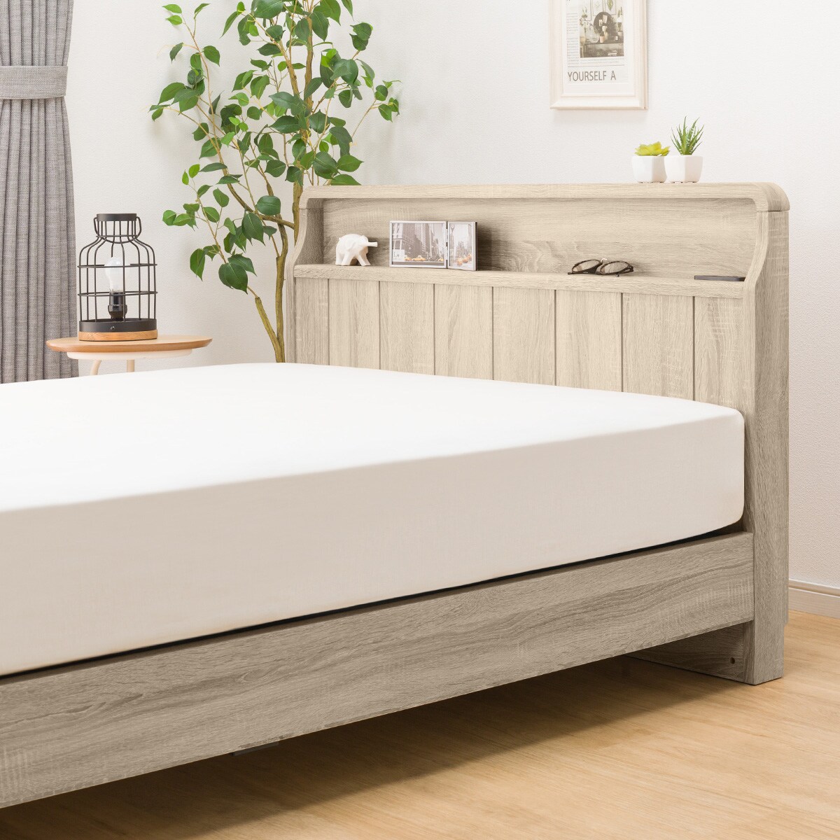 セミダブル アンティーク調 棚付きベッドフレーム(PEL Sキャビ