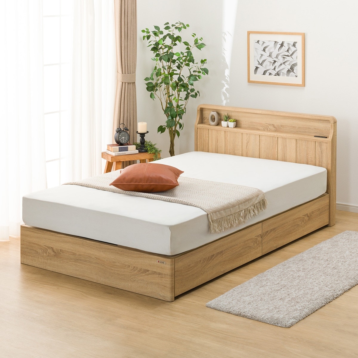 セミダブル アンティーク調 棚付きベッドフレーム(引出し付き PEL S