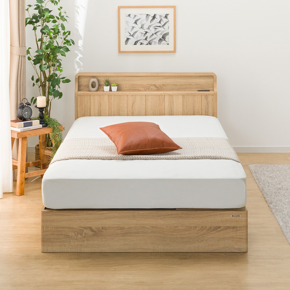 セミダブル アンティーク調 棚付きベッドフレーム(引出し付き PEL S