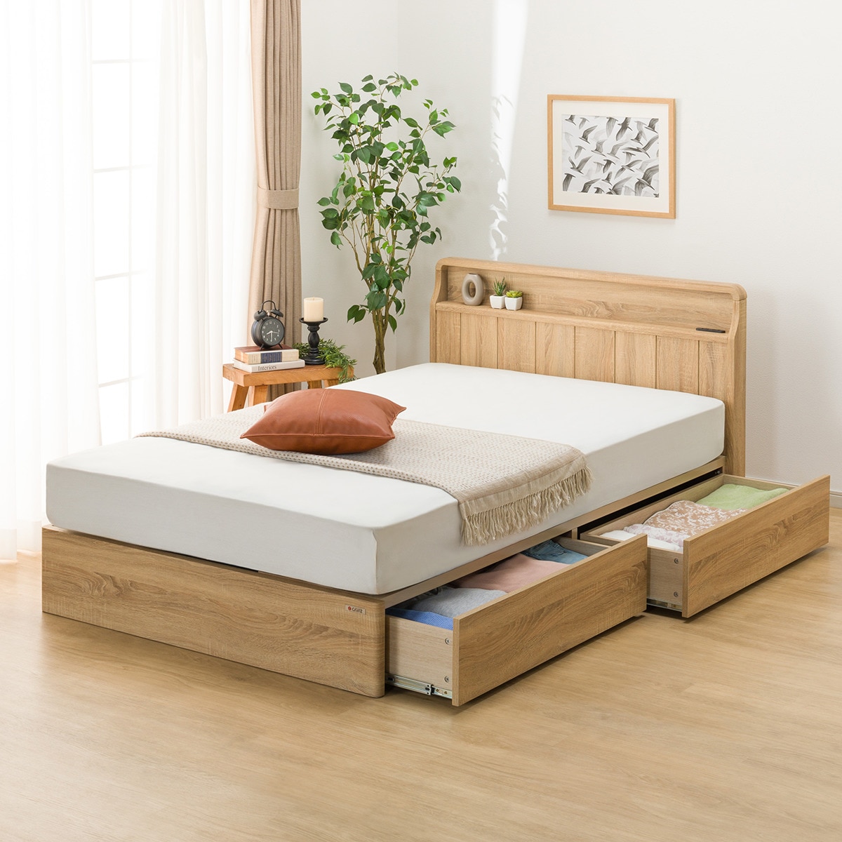 セミダブル アンティーク調 棚付きベッドフレーム(引出し付き PEL S