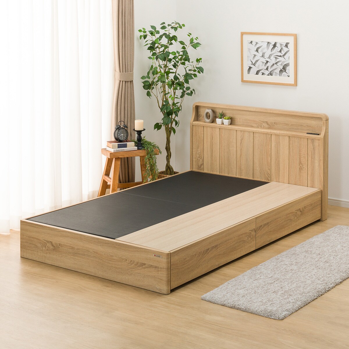 セミダブル アンティーク調 棚付きベッドフレーム(引出し付き PEL S