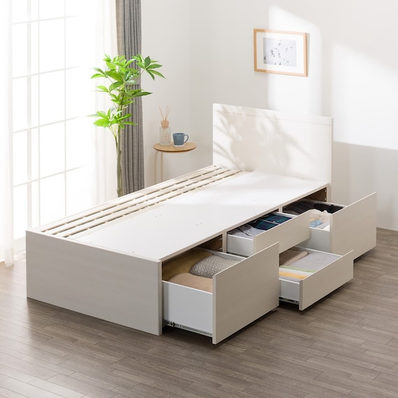 【大容量収納付き】シングルチェストベッド + マットレスセット (N-ジオF-DP 40O-S すのこ WW/U1-03 EM) 12枚目画像