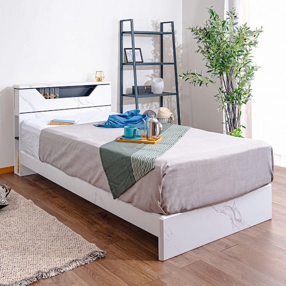 棚・照明付きベッドフレーム(大理石調 S WH) 1枚目画像