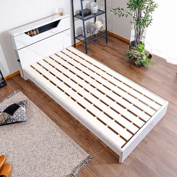 棚・照明付きベッドフレーム(大理石調 S WH) 3枚目画像