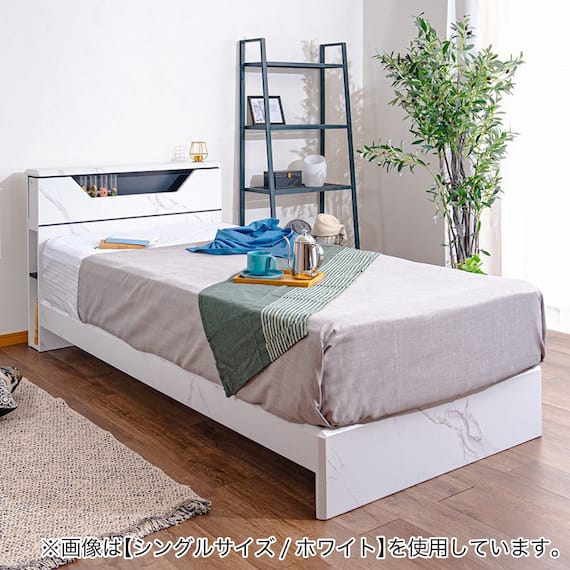 棚・照明付きベッドフレーム(大理石調 SD WH) 1枚目画像