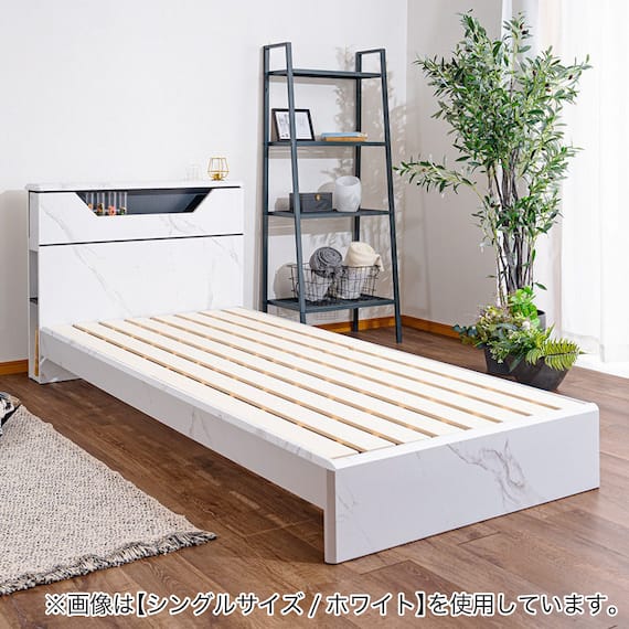 棚・照明付きベッドフレーム(大理石調 SD WH) 2枚目画像