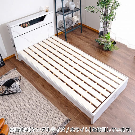 棚・照明付きベッドフレーム(大理石調 SD WH) 3枚目画像