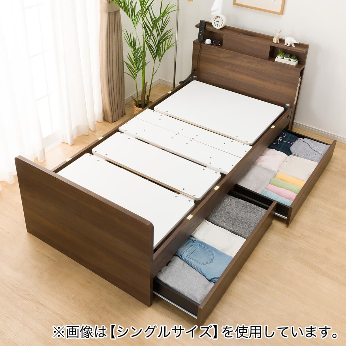 収納付き電動ベッド + マットレスセット セミダブル (NS004 DR