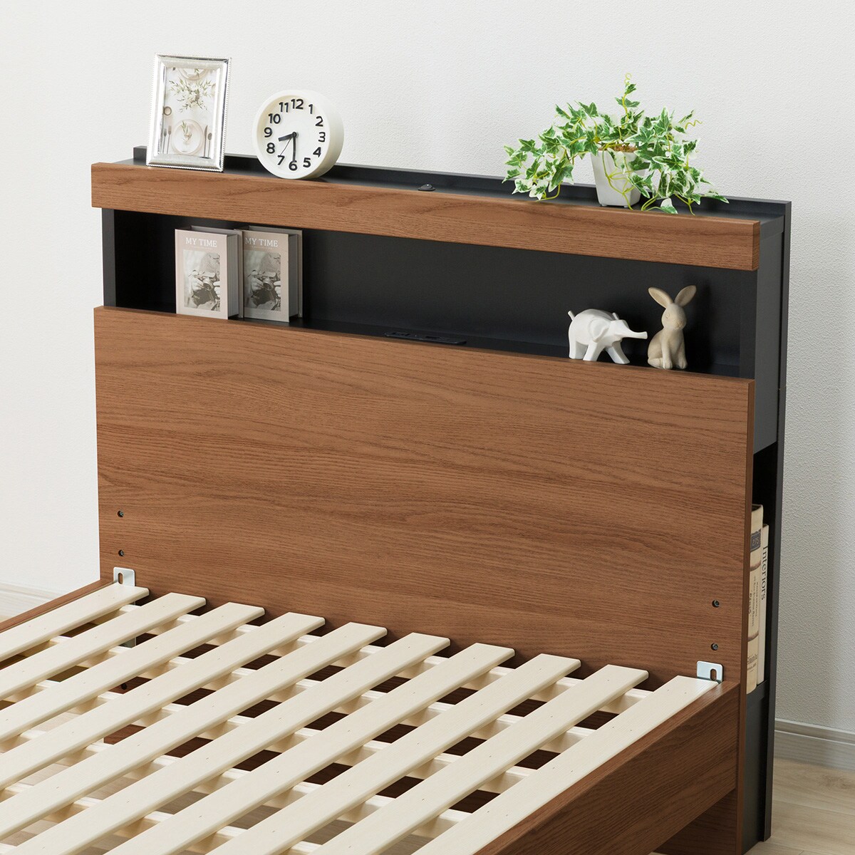 シングル 棚付きすのこベッドフレーム(NS-005 LEG/LOW すのこ MBR