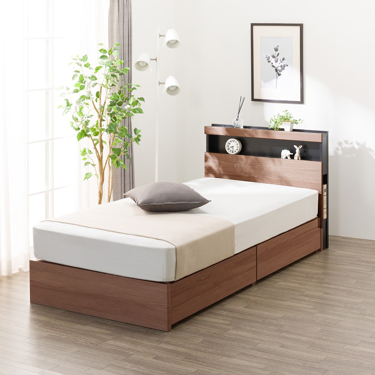 シングル 棚・ 収納付きベッドフレーム(NS-005 浅型 床板 MBR