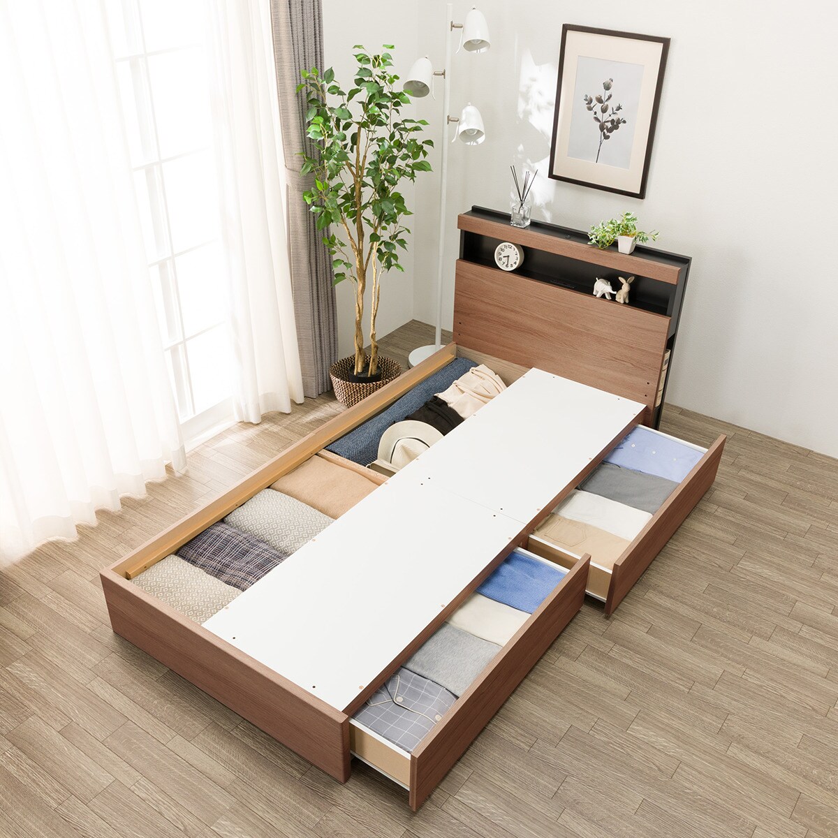 シングル 棚・ 収納付きベッドフレーム(NS-005 浅型 床板 MBR