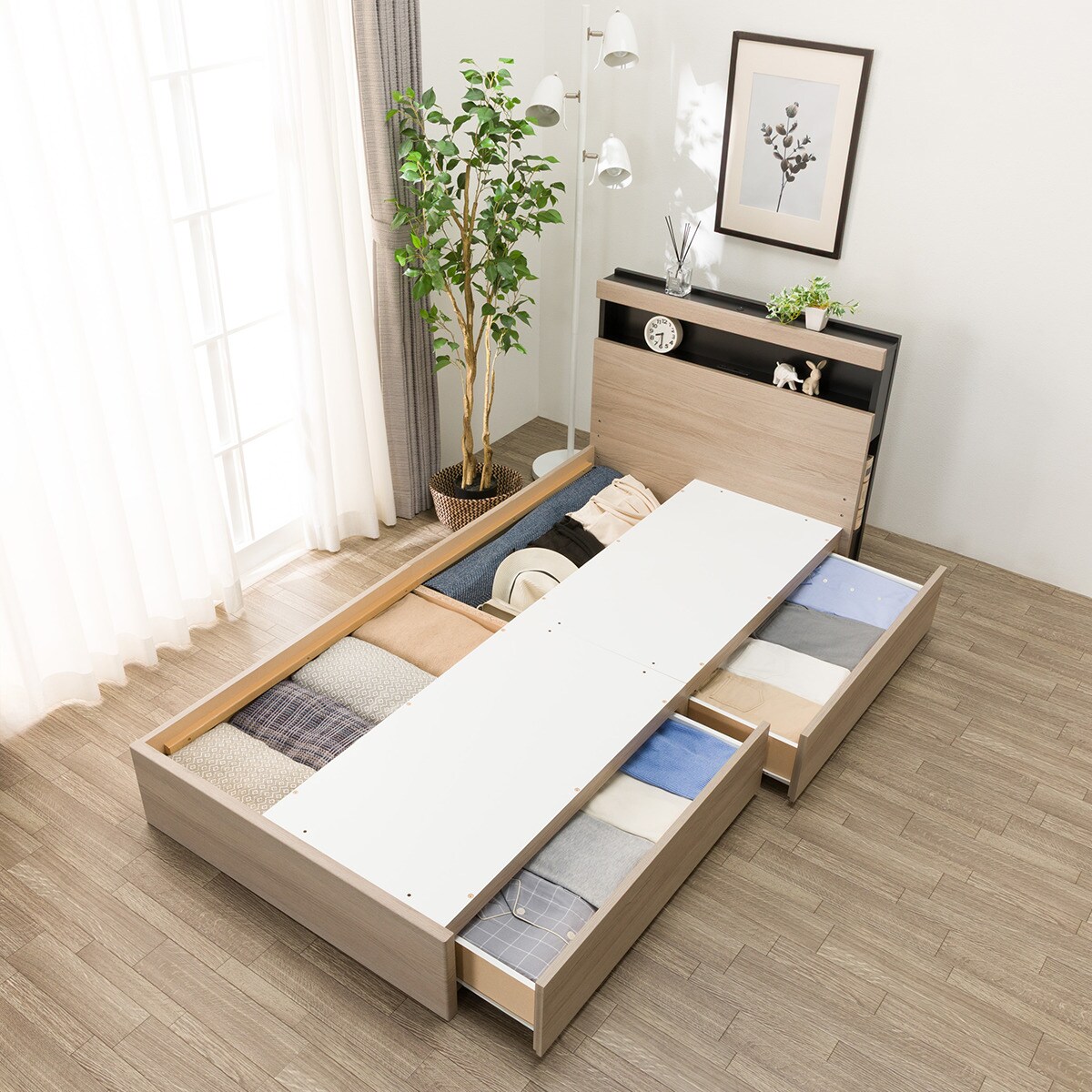 シングル 棚・ 収納付きベッドフレーム(NS-005 浅型 床板 GY) | ニトリ