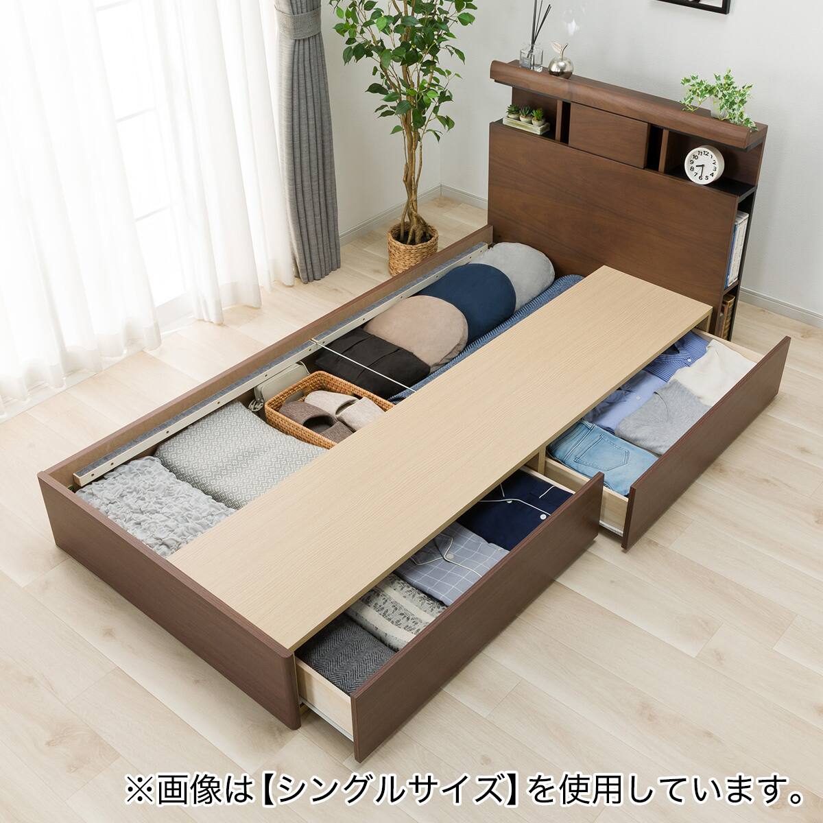 収納付きベッドフレーム ダブル (WP301 棚・サイド収納・コンセント