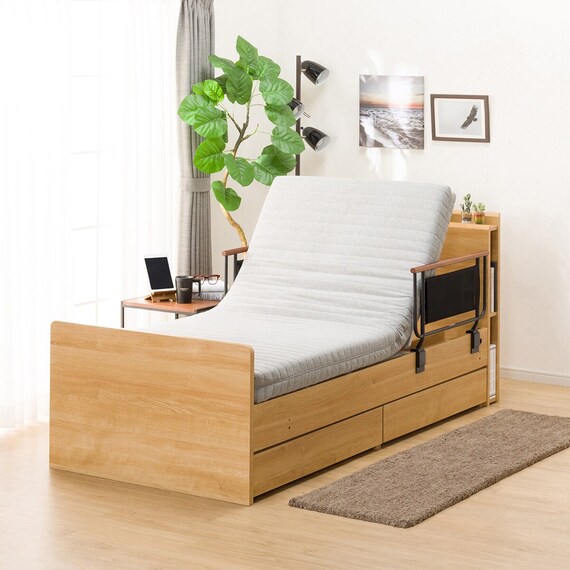 【非課税】電動シングルベッドフレーム+マットレス+サイドガード2本セット(カイト3 DR 2M02 LBR/NスリープE1-03VB) 2枚目画像