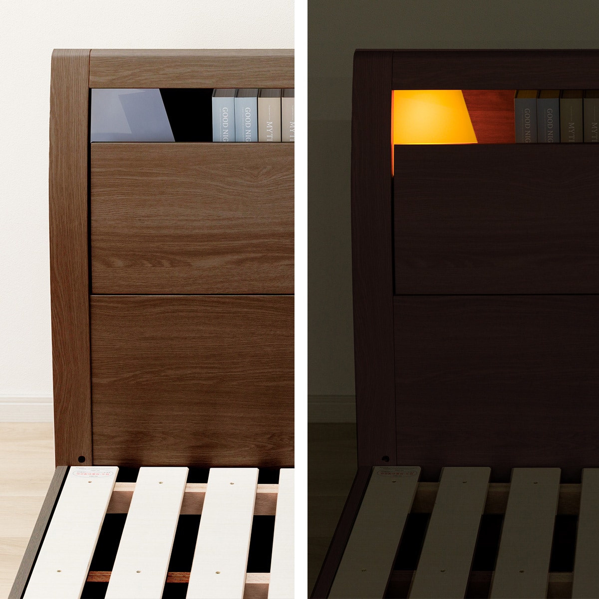 棚・コンセント・照明付きセミダブルベッドフレーム(KB MBR 引出付き