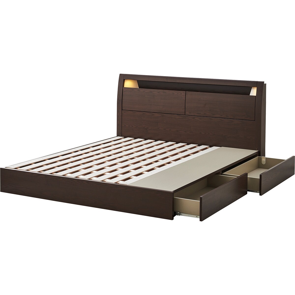 棚・コンセント・照明付きクイーンベッドフレーム(KB MBR 引出付き