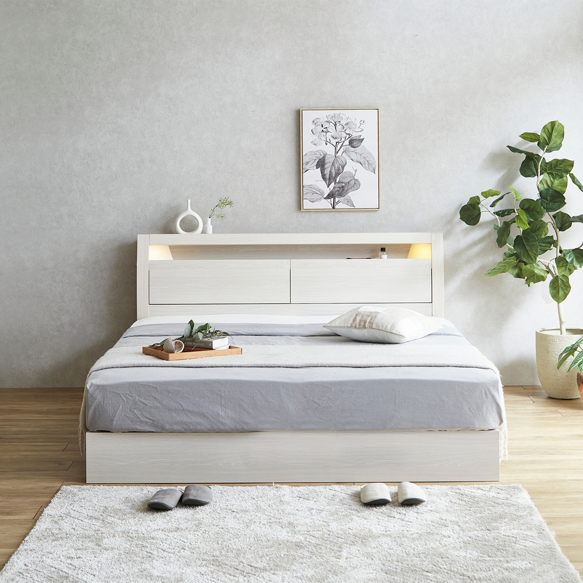 棚・コンセント・照明付きクイーンベッドフレーム(KB WW 引出付き