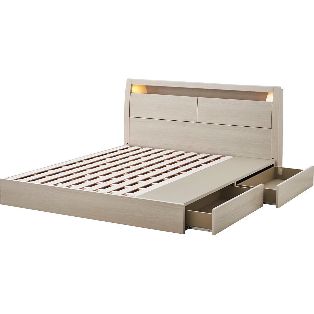 棚・コンセント・照明付きクイーンベッドフレーム(KB WW 引出付き