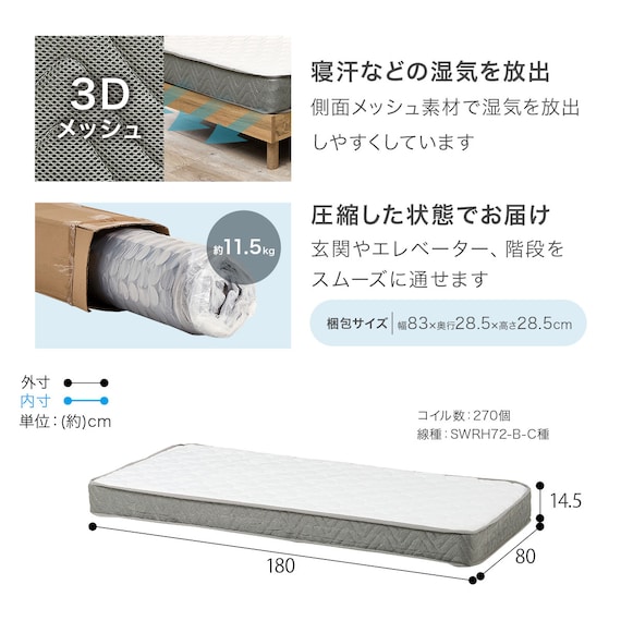 セミシングルショート ベッドフレーム (ボンネルコイルマットレス付き ホワイトウォッシュ) 20枚目画像