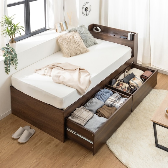 シングル 棚コンセント付きチェストベッドフレーム (SCL 深引きタイプ ブラウン) 1枚目画像