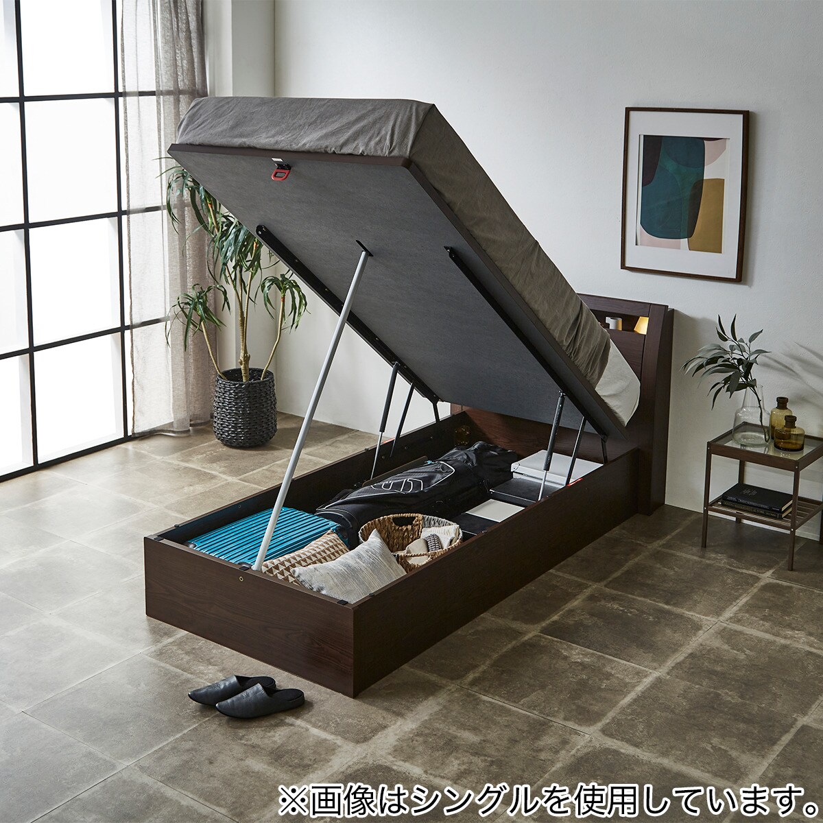 シングルベッドフレーム(OP IB キャビネット 宮・照明付き たて