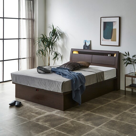 ダブルベッドフレーム(OP IB キャビネット 宮・照明付き たて開き 深型 MBR) 2枚目画像