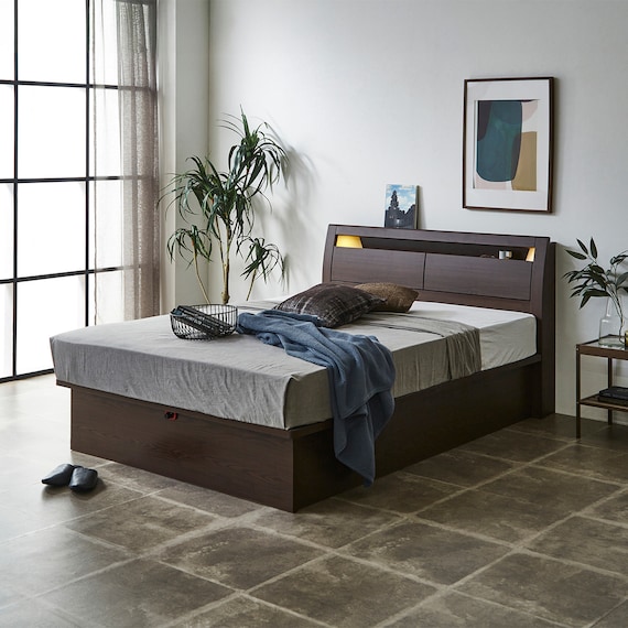 ダブルベッドフレーム(OP IB キャビネット 宮・照明付き たて開き 深型 MBR) 2枚目画像