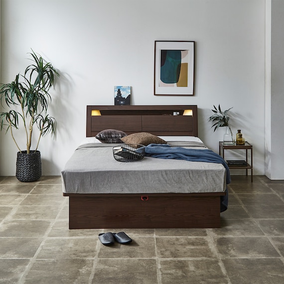 ダブルベッドフレーム(OP IB キャビネット 宮・照明付き たて開き 深型 MBR) 3枚目画像