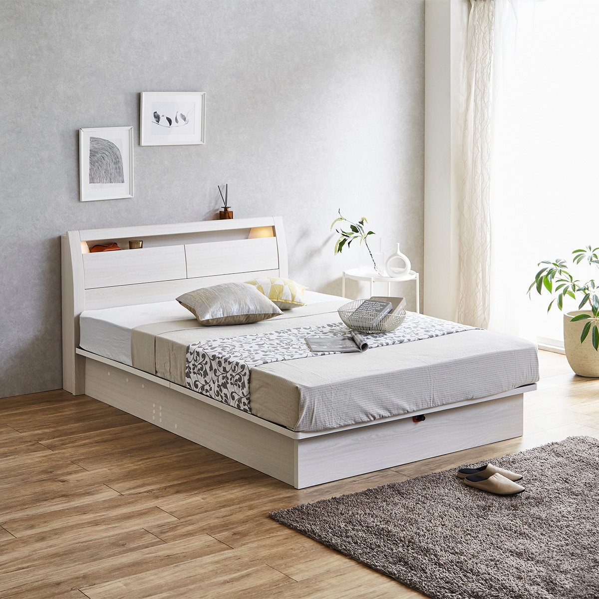 ダブルベッドフレーム(OP IB キャビネット 宮・照明付き たて