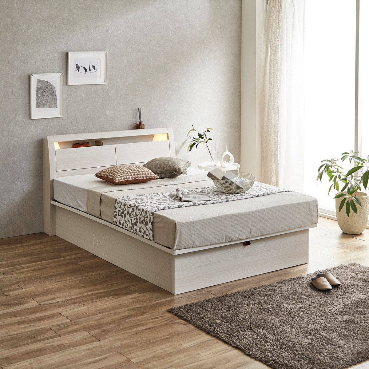 ダブルベッドフレーム(OP IB キャビネット 宮・照明付き たて開き 深型