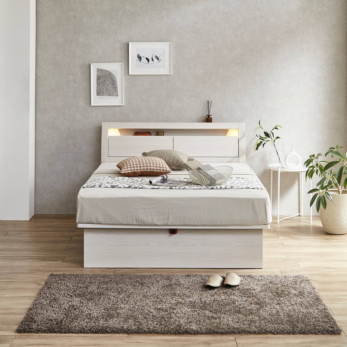 ダブルベッドフレーム(OP IB キャビネット 宮・照明付き たて開き 深型