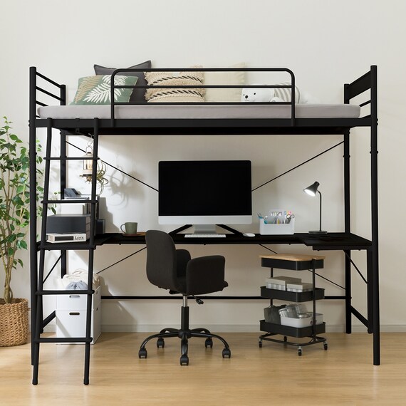スチールハイベッド + コの字デスクセット (HB02 BK) 1枚目画像