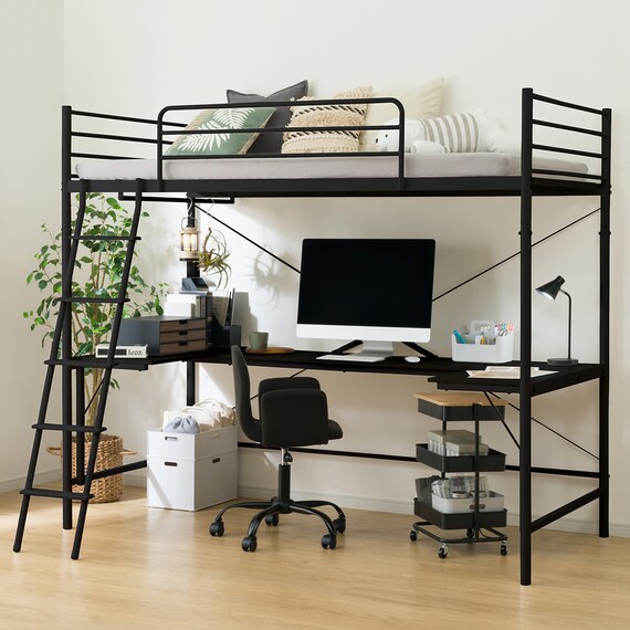 スチールハイベッド + コの字デスクセット (HB02 BK) 2枚目画像