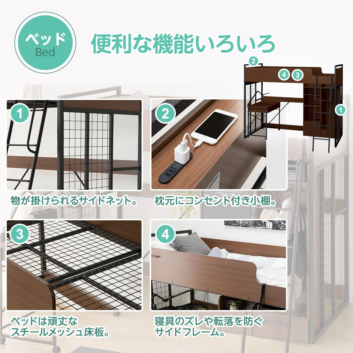 ロフトベッドマットレスセット＋デスクライト付き(デニッシュ25N