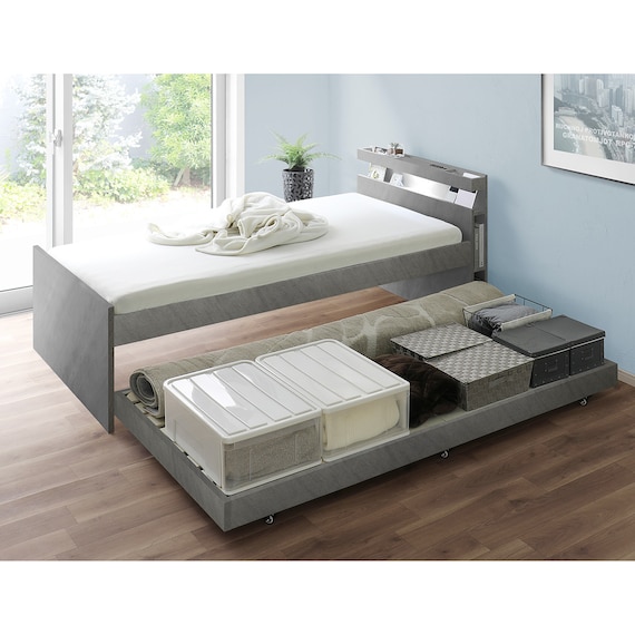 収納式ツインベッド (棚・コンセント・照明付 GY) 4枚目画像