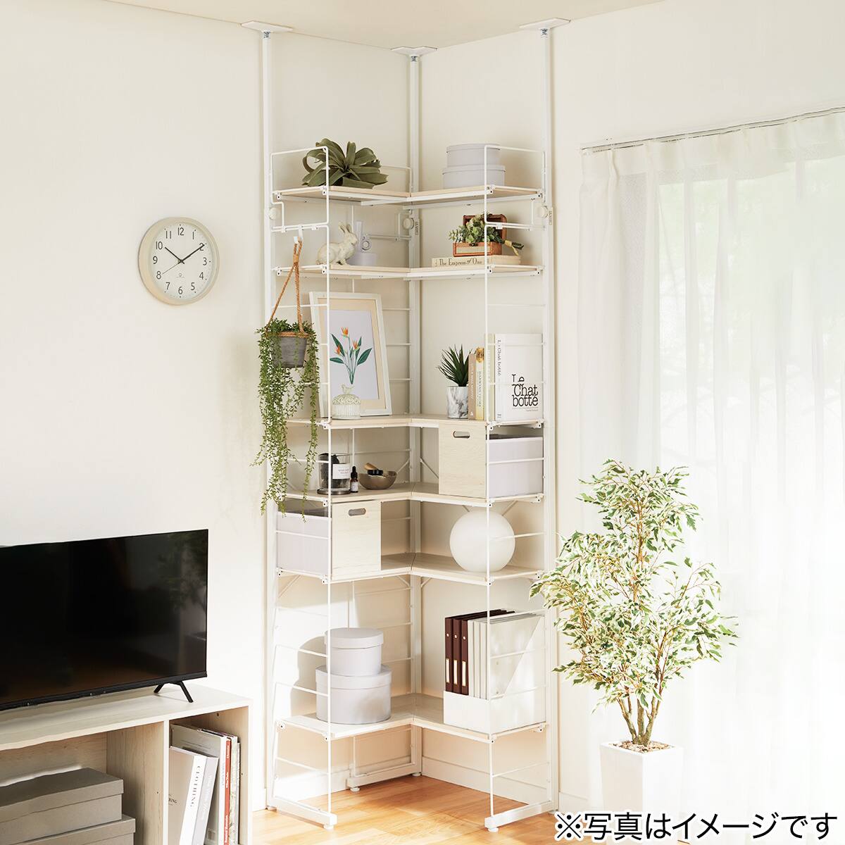 幅60cm 突っ張り壁面収納Nポルダ L型コーナー(NP02 ホワイトウォッシュ