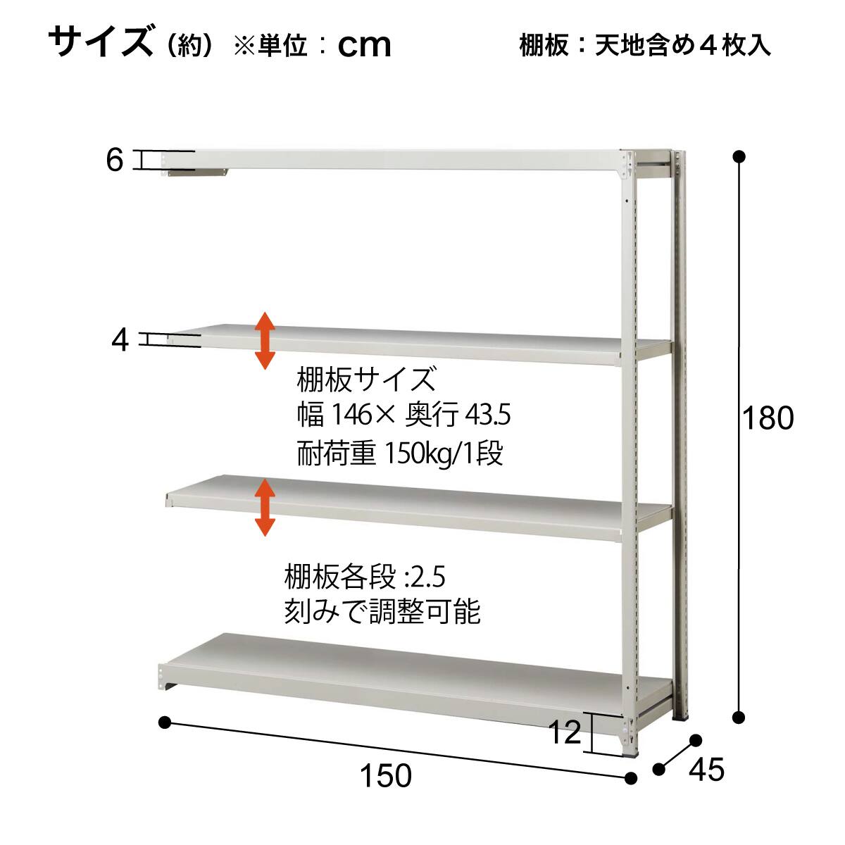 軽中量ラック 連結セット(SR150-1815MR ボルトレス ※耐荷重150kg/段