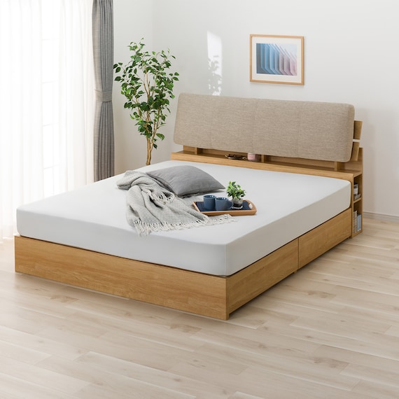 収納付きベッドフレーム クイーン(CS-001 DR 棚・コンセント・引き出し付き LBR/BE) 2枚目画像