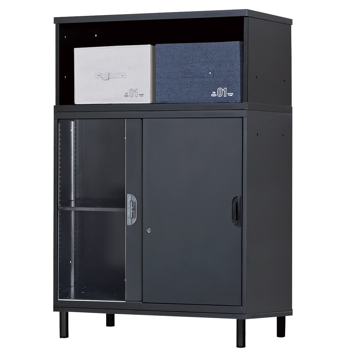スチールキャビネット(上段オープン・下引違い戸 HOS-X 脚付きベース
