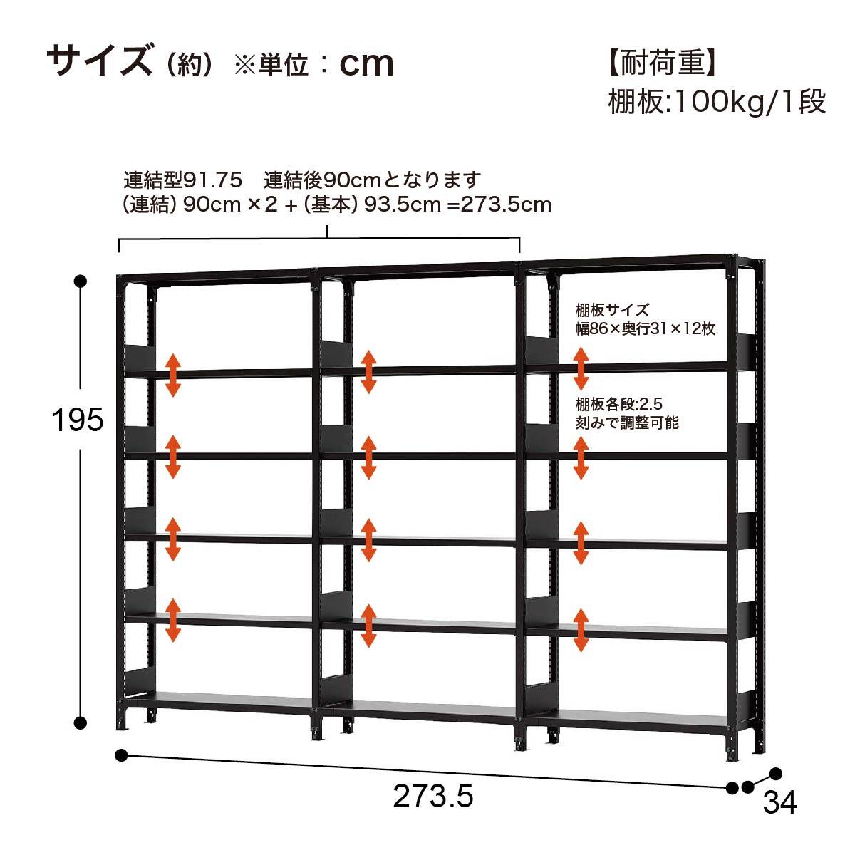 3連スチール書架(天地6段 RKU 1950-340 BK) | ニトリネット【公式